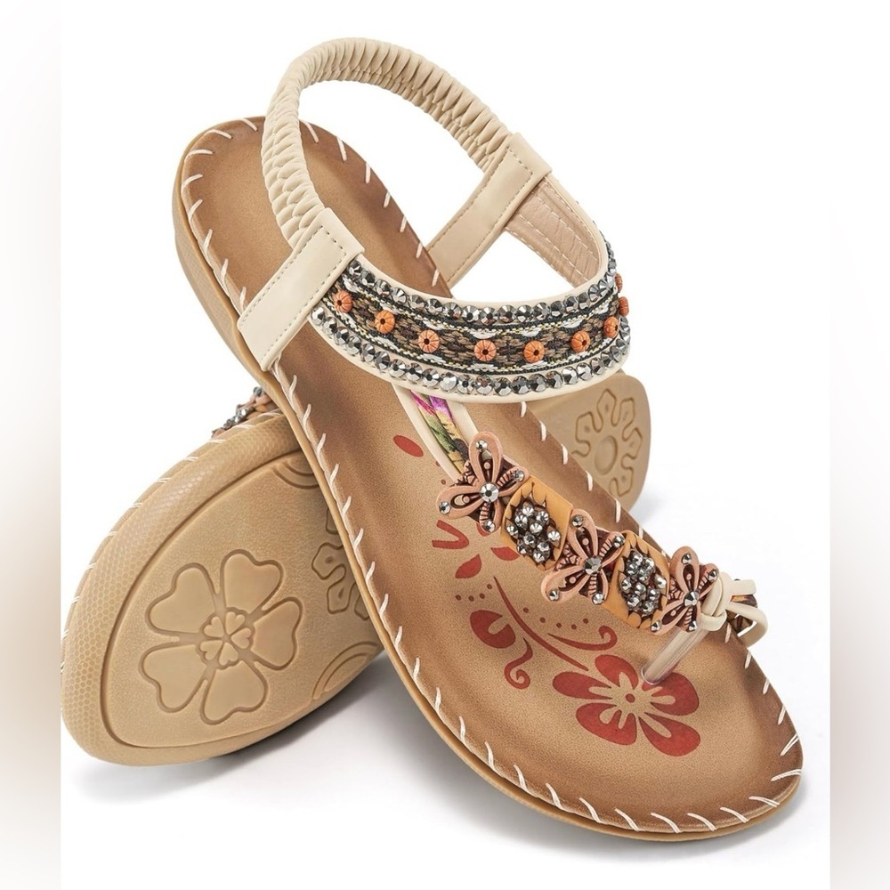Embellished Tan Floral Slingback Sandals for Women Sz 10